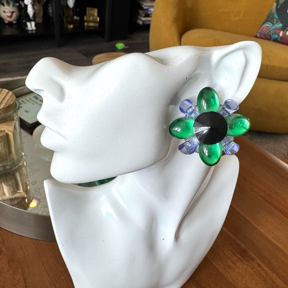 Vintage Acrylic Green and Purple Floral Earrings - Picture 1 of 7